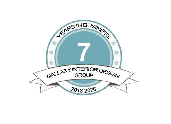Logo celebrating 45 years in business for Gallaxy Interior Group, highlighting 1979 to 2024.